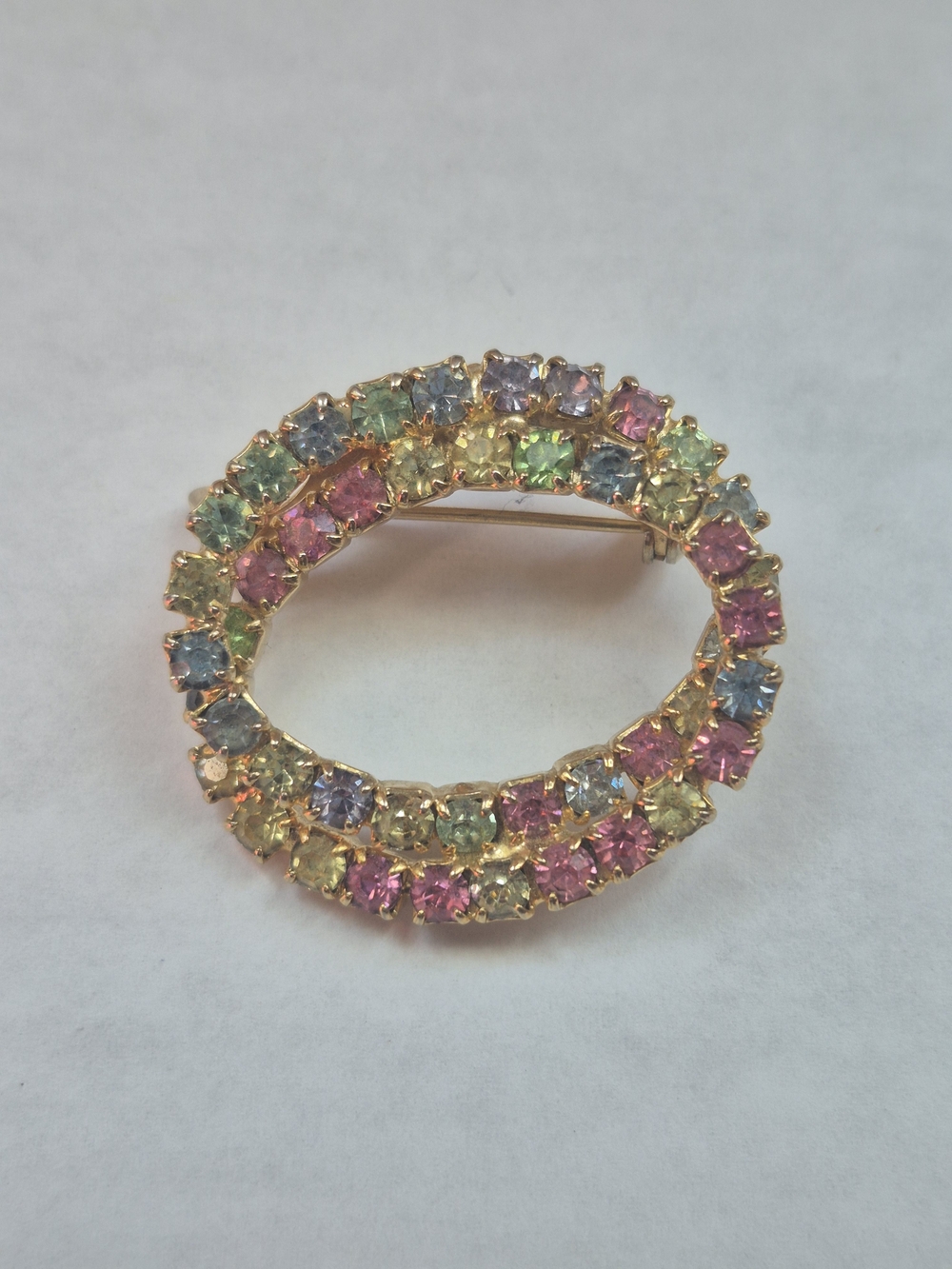 Vintage gold-tone double-circle pastel brooch